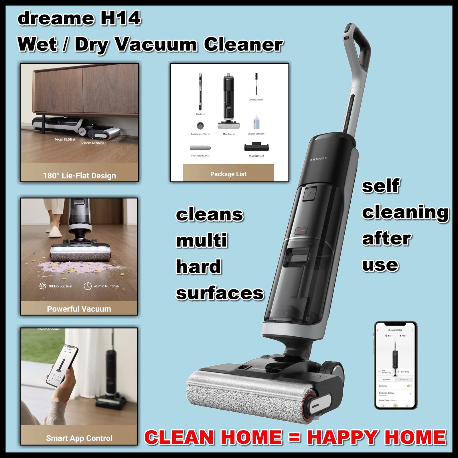 dreame H14 Wet Dry Vacuum Cleaner, Smart Hard Floor Cleaner Machine